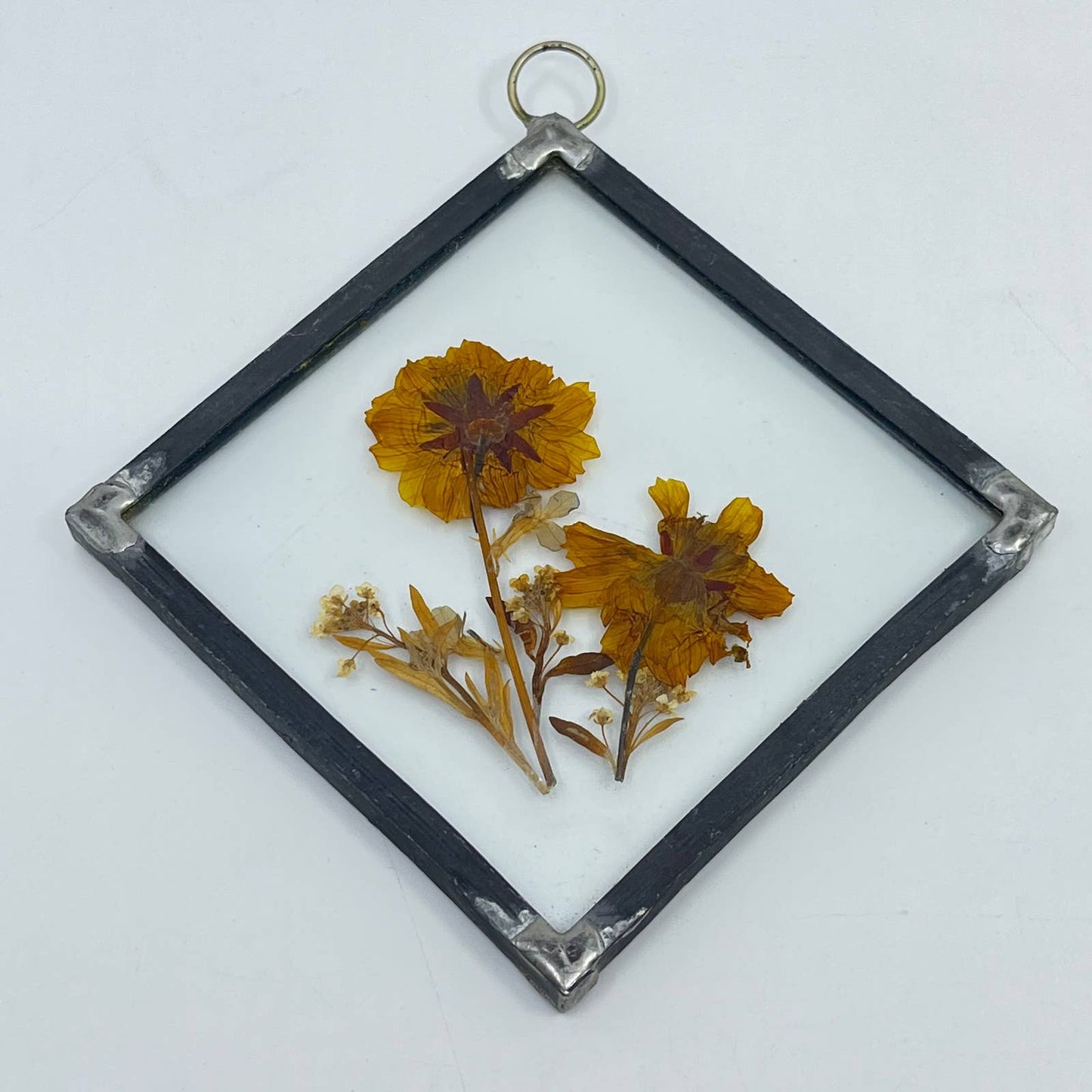 Vintage Handmade Folk Art Pressed Flower Metal Frame Wall Art Hanging TE2