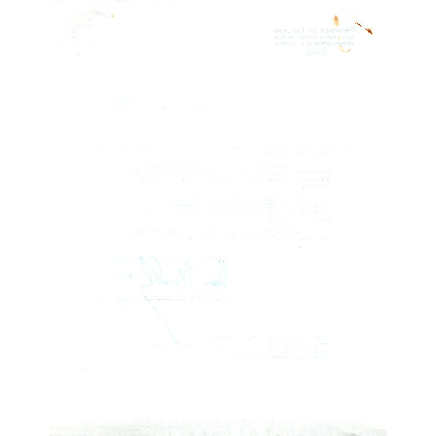 Finland Embassy Official Letterhead Memo Olavi Munkki Nov 15 1967 B15