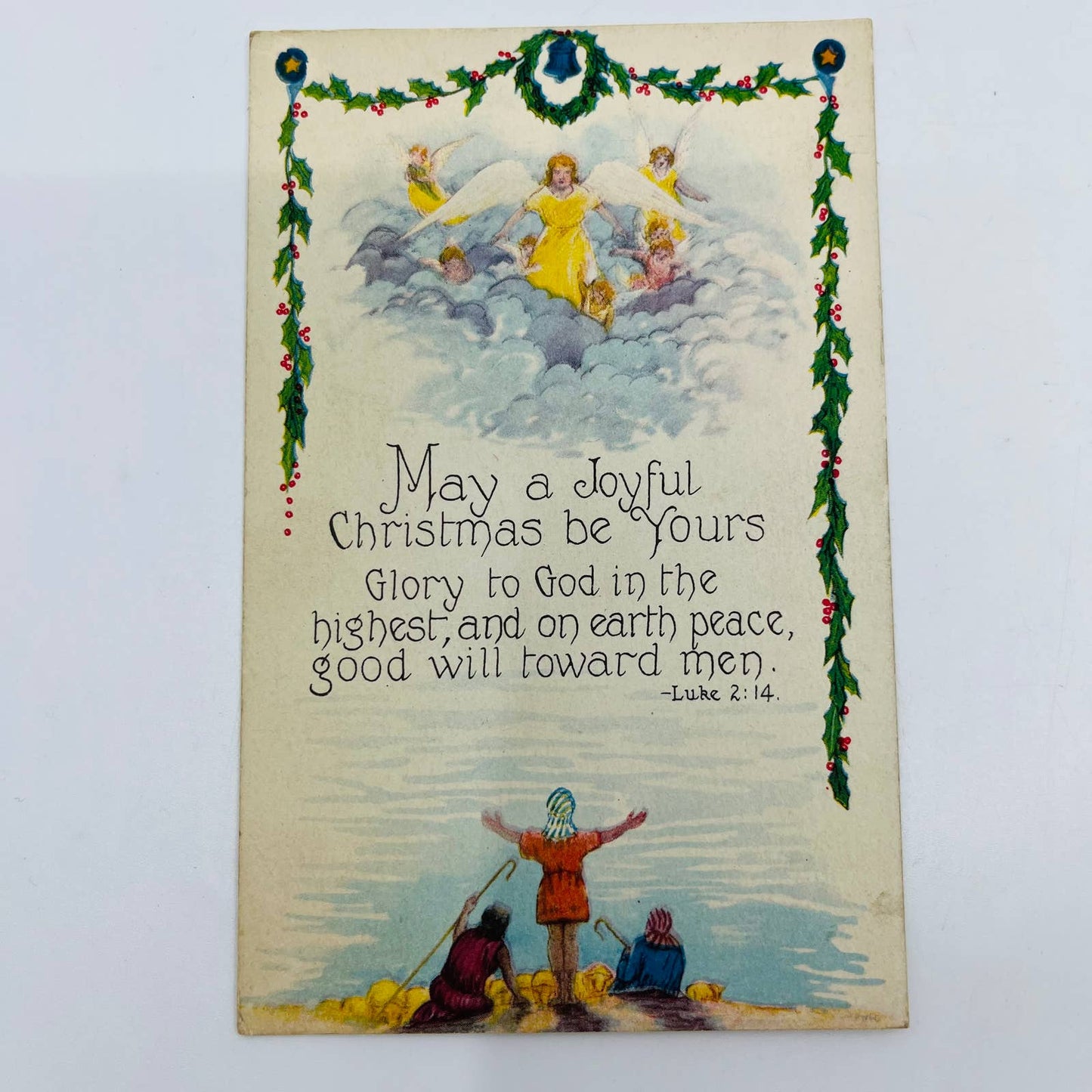 1926 Christmas Post Card LUKE 2:14 Angels Bells Stars Shepards Holly PA4