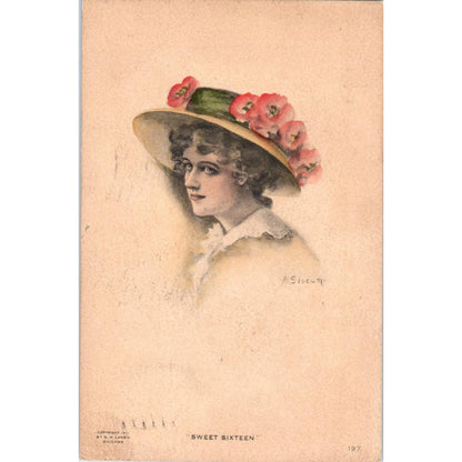 Victorian Lady Flower Hat Sweet Sixteen 1912 Slocum Original Postcard TK1-22