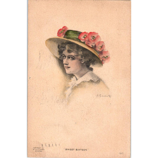 Victorian Lady Flower Hat Sweet Sixteen 1912 Slocum Original Postcard TK1-22