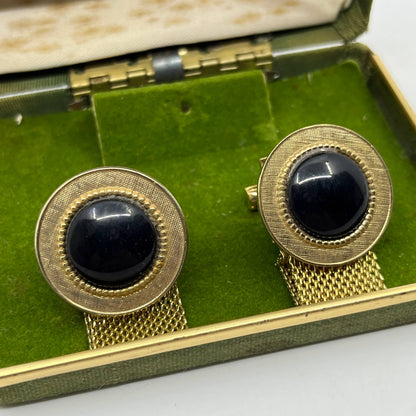 VTG MCM 1950s Executive Gold Tone Black Lucite Cuff Links Cufflinks in Box SD8