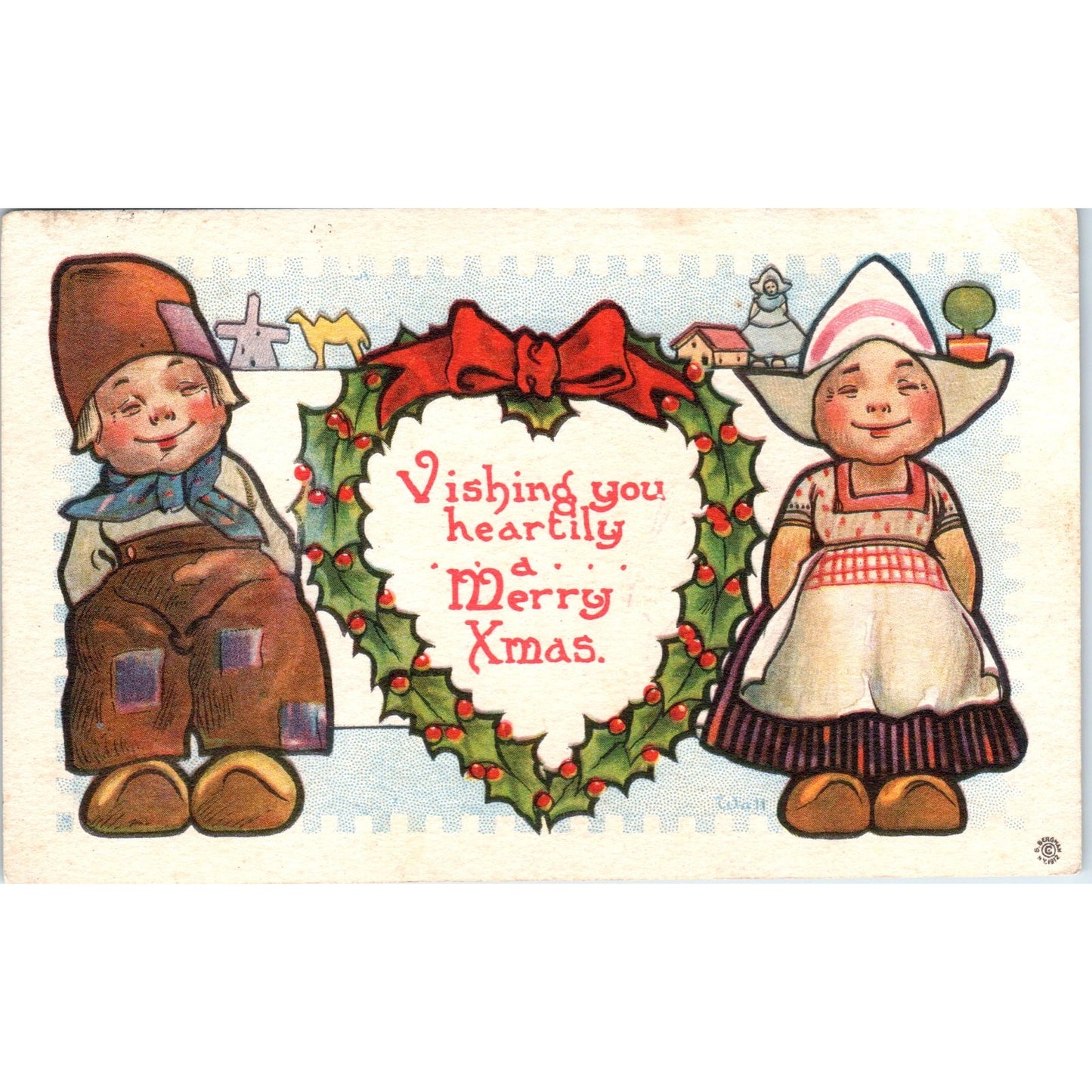 1913 Dutch Children Christmas Illustration Original Postcard P3-3