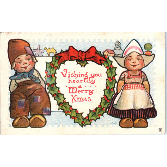 1913 Dutch Children Christmas Illustration Original Postcard P3-3