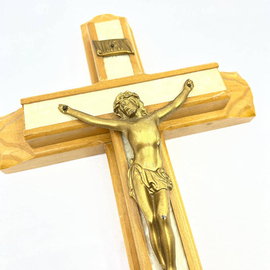 Vintage Last Rites Crucifix Solid Wood Maple Cross Mother of Pearl Inlay 13” TG4