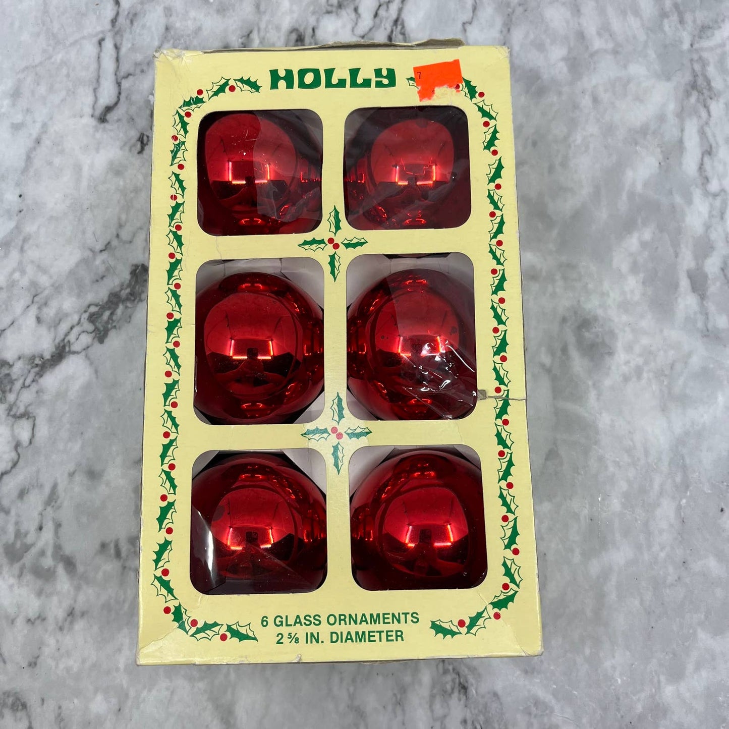 HOLLY 6 Vintage 2 5/8" Mercury Glass Ornaments Original Box Red TJ9