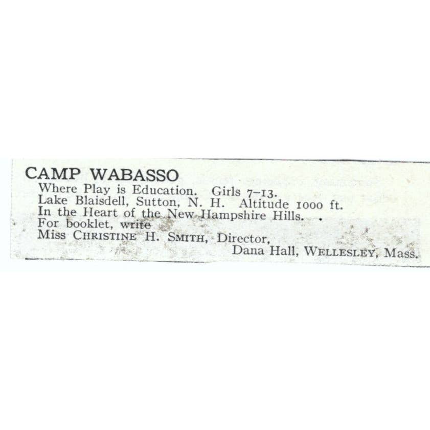 Camp Wabasso Lake Blaisdell Sutton NH Christine H. Smith 1921 Original Ad TJ7-S6