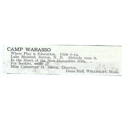 Camp Wabasso Lake Blaisdell Sutton NH Christine H. Smith 1921 Original Ad TJ7-S6
