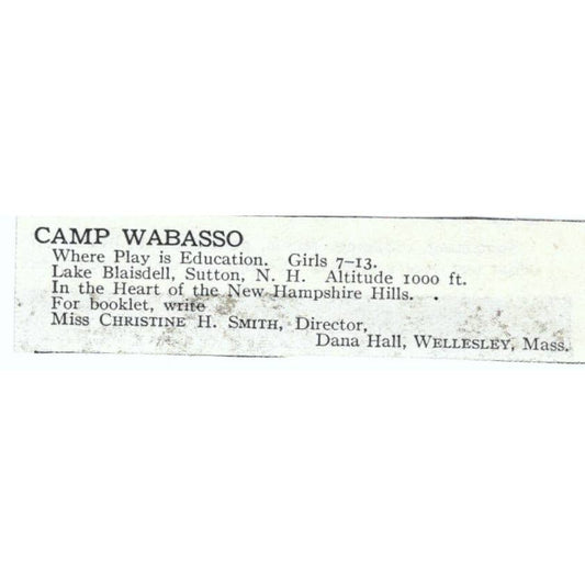 Camp Wabasso Lake Blaisdell Sutton NH Christine H. Smith 1921 Original Ad TJ7-S6
