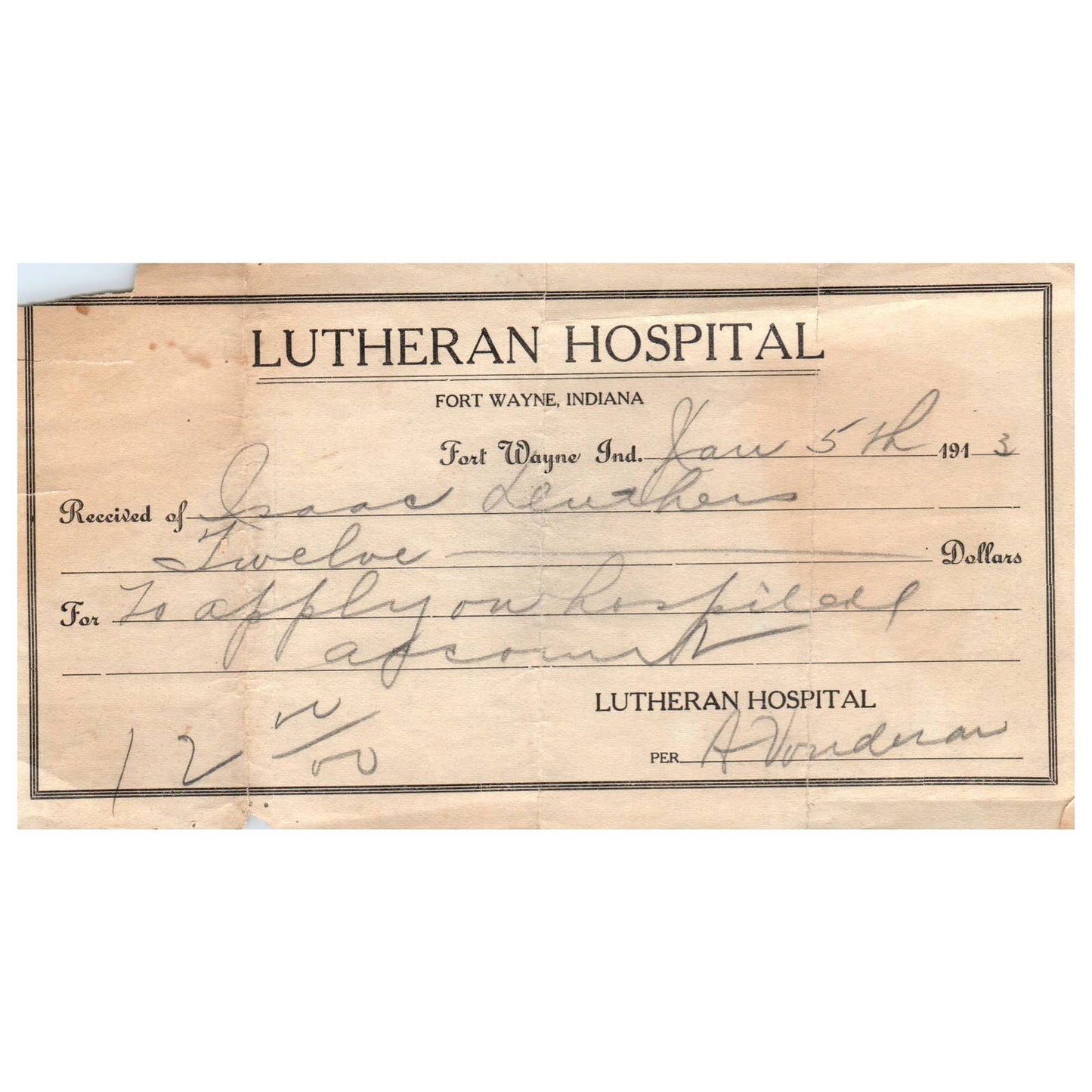 1913 Fort Wayne Indiana Lutheran Hospital Receipt AD8