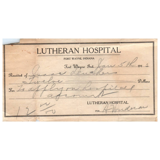 1913 Fort Wayne Indiana Lutheran Hospital Receipt AD8