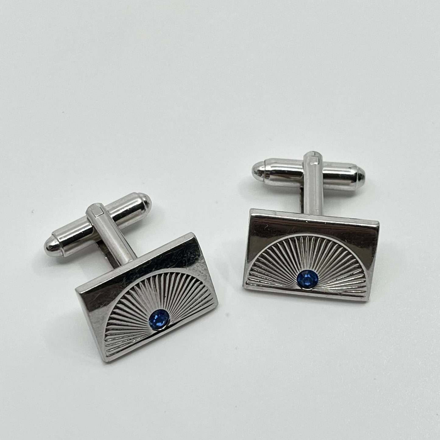 1940s Art Deco Silver Tone Sapphire Blue Rhinestone Cufflinks Cuff Links SC3