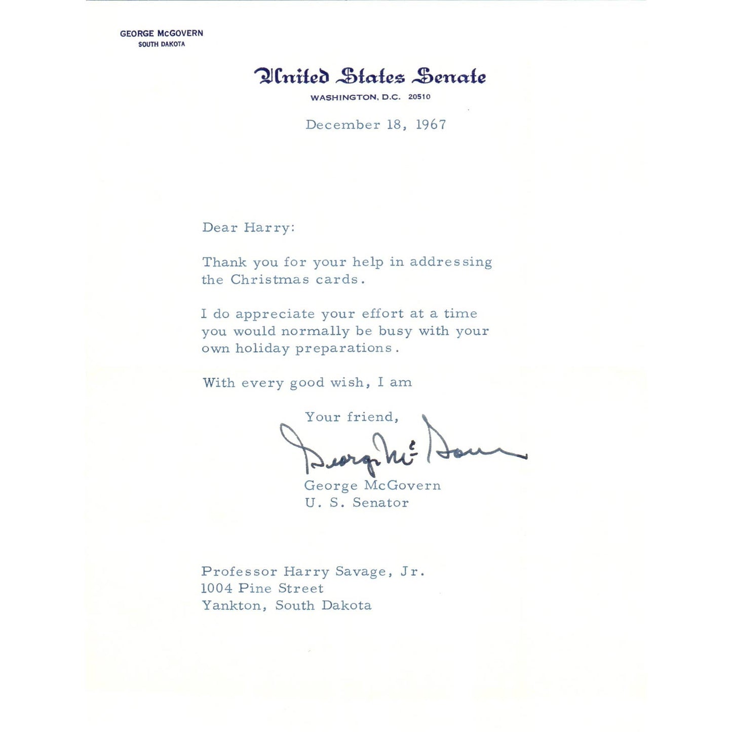 South Dakota Senator George McGovern Official Letterhead Signed Dec 1967 TK1-GM