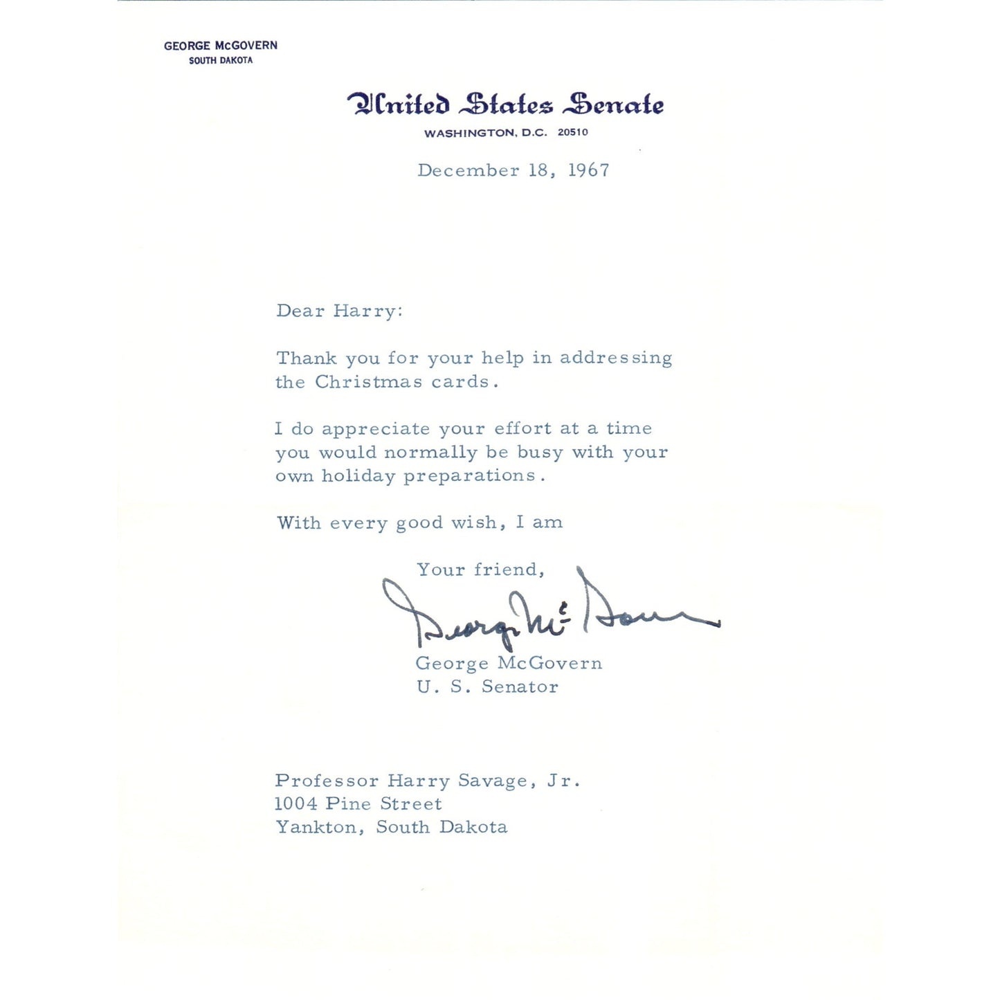 South Dakota Senator George McGovern Official Letterhead Signed Dec 1967 B12