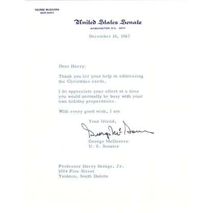 South Dakota Senator George McGovern Official Letterhead Signed Dec 1967 B12
