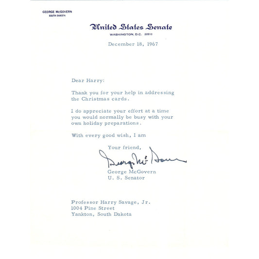 South Dakota Senator George McGovern Official Letterhead Signed Dec 1967 B12