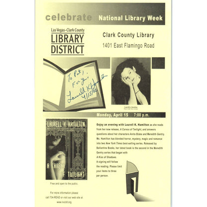 2002 Clark County Library Flyer Signed by Laurell K. Hamilton AD7