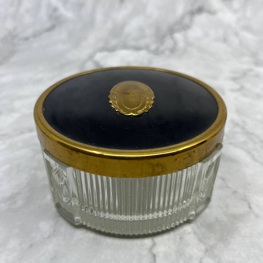 Vintage Art Deco Vanity Jar w/ Brass Embossed Lid w/ Patina 3.5" TA1