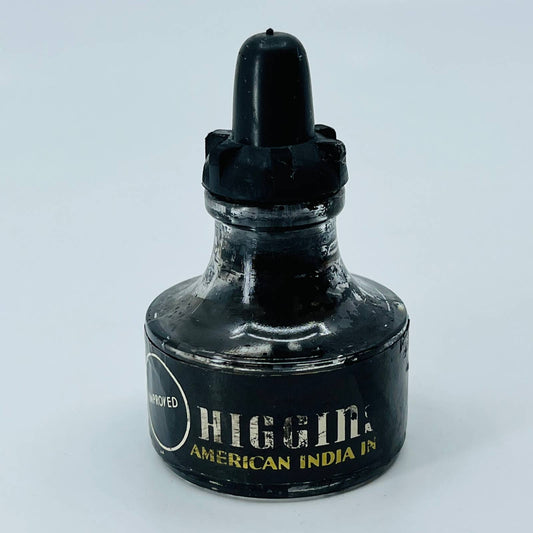 Vintage American India Ink pipette Bottle Black HIGGINS Round Label EMPTY TB6
