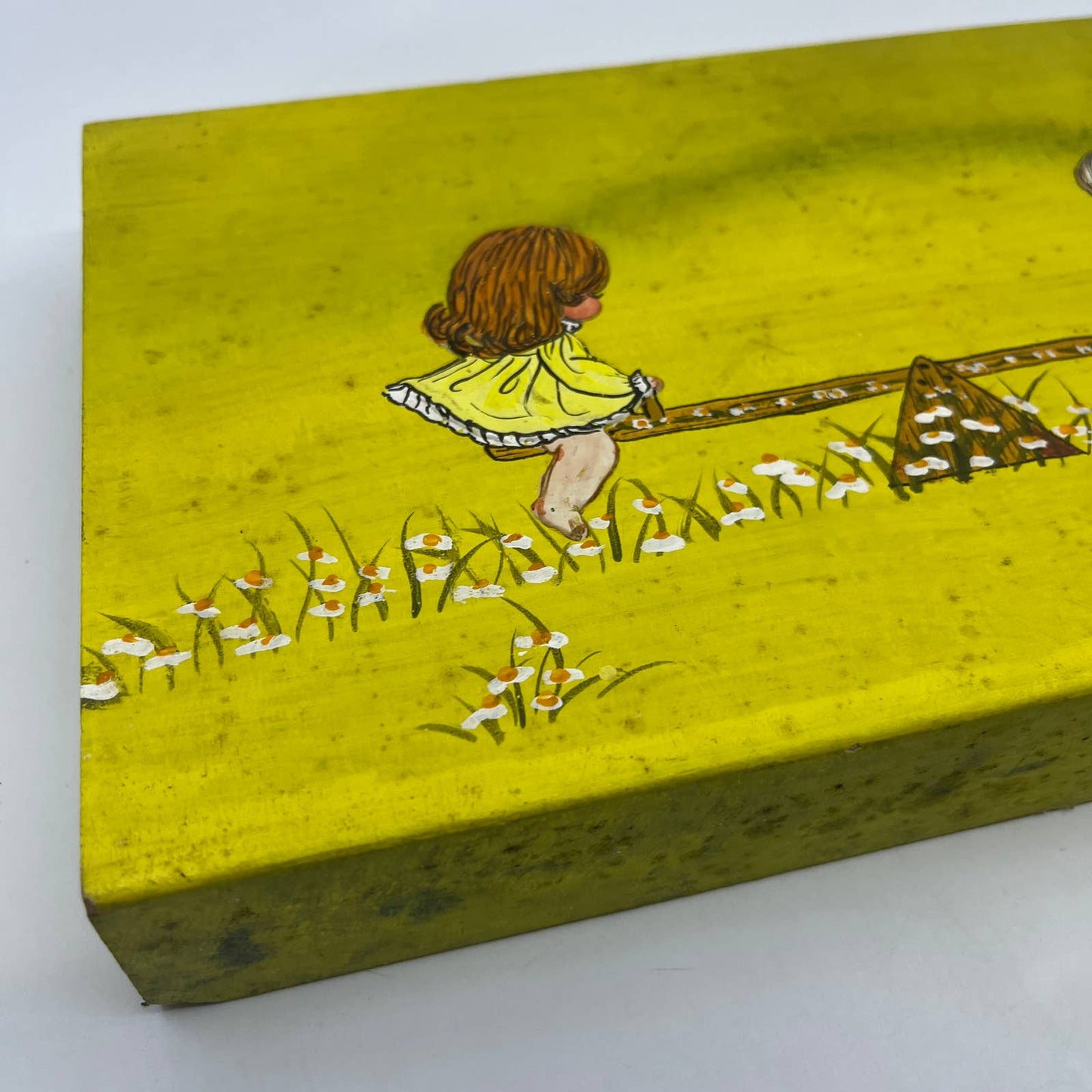 1970s Kitsch Wooden Block Painting Girl & Boy Seesaw Raised Paint 7x12 TG7