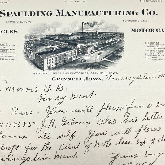 1916 Spaulding Mfg. Co. Vehicles & Motorcars Letterhead Grinnell IA AB5