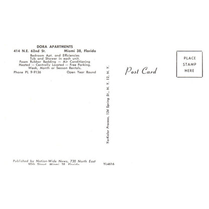 Vintage Postcard - Dora Apartments Miami Florida 1960s TJ7-1