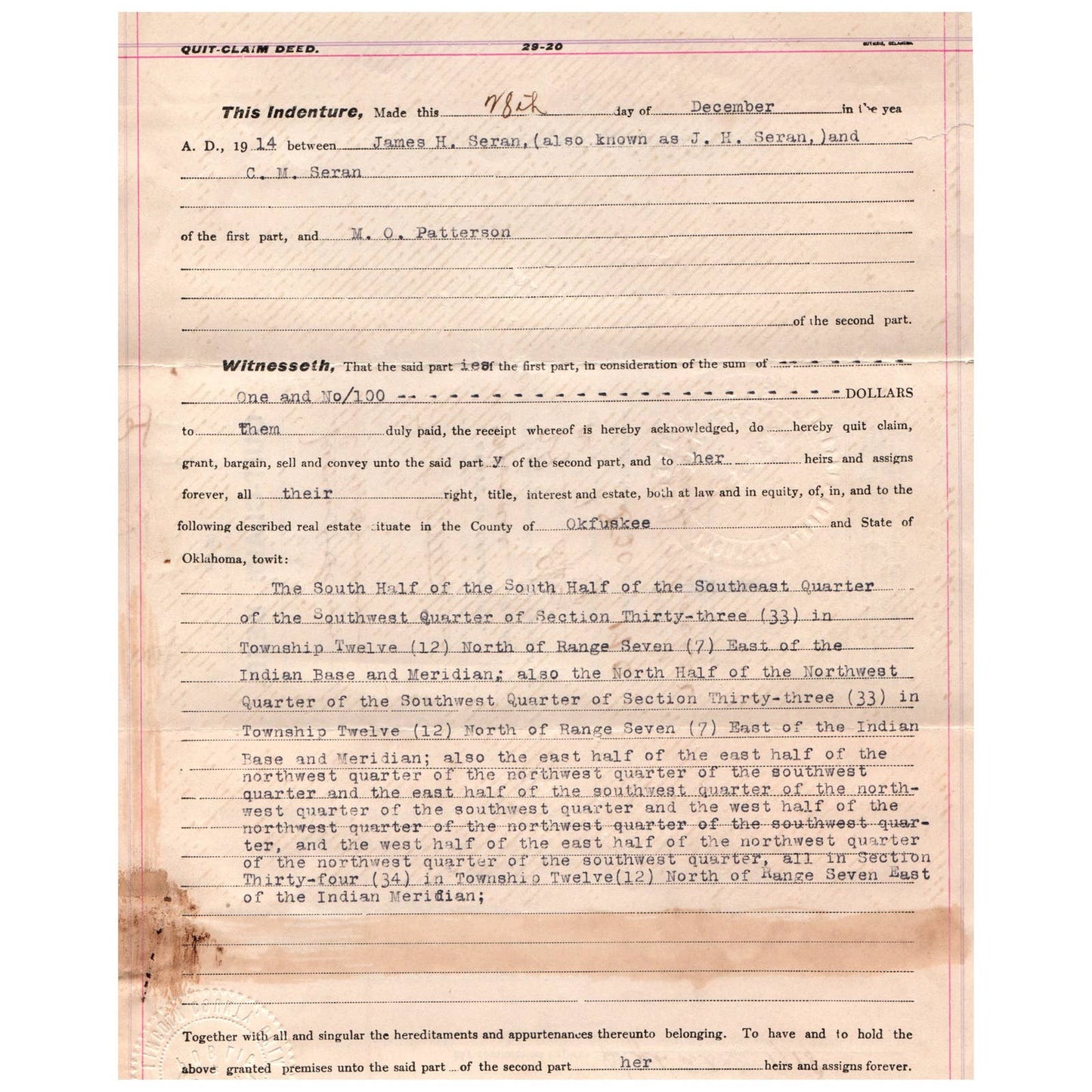 1914 Quit Claim Deed Indenture Okfuskee County Oklahoma James H. Seran SE4