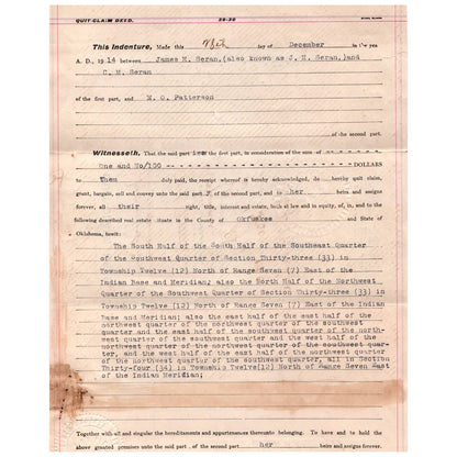 1914 Quit Claim Deed Indenture Okfuskee County Oklahoma James H. Seran SE4