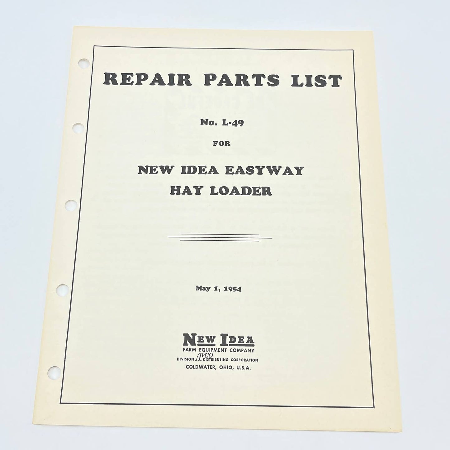 1954 Original New Idea Easyway Hay Loader L-49 Repair Parts List TB9