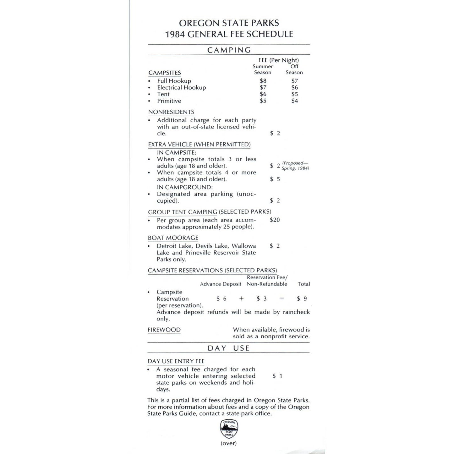 1984 Oregon State Parks General Fee Schedule Leaflet SF3