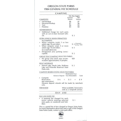 1984 Oregon State Parks General Fee Schedule Leaflet SF3