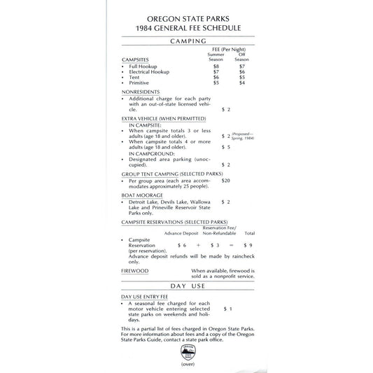 1984 Oregon State Parks General Fee Schedule Leaflet SF3