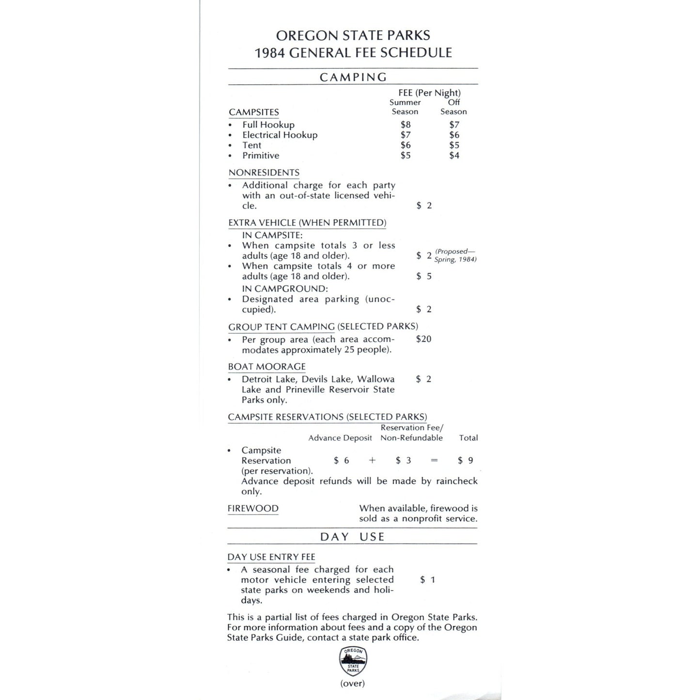 1984 Oregon State Parks General Fee Schedule Leaflet TH2-SF1