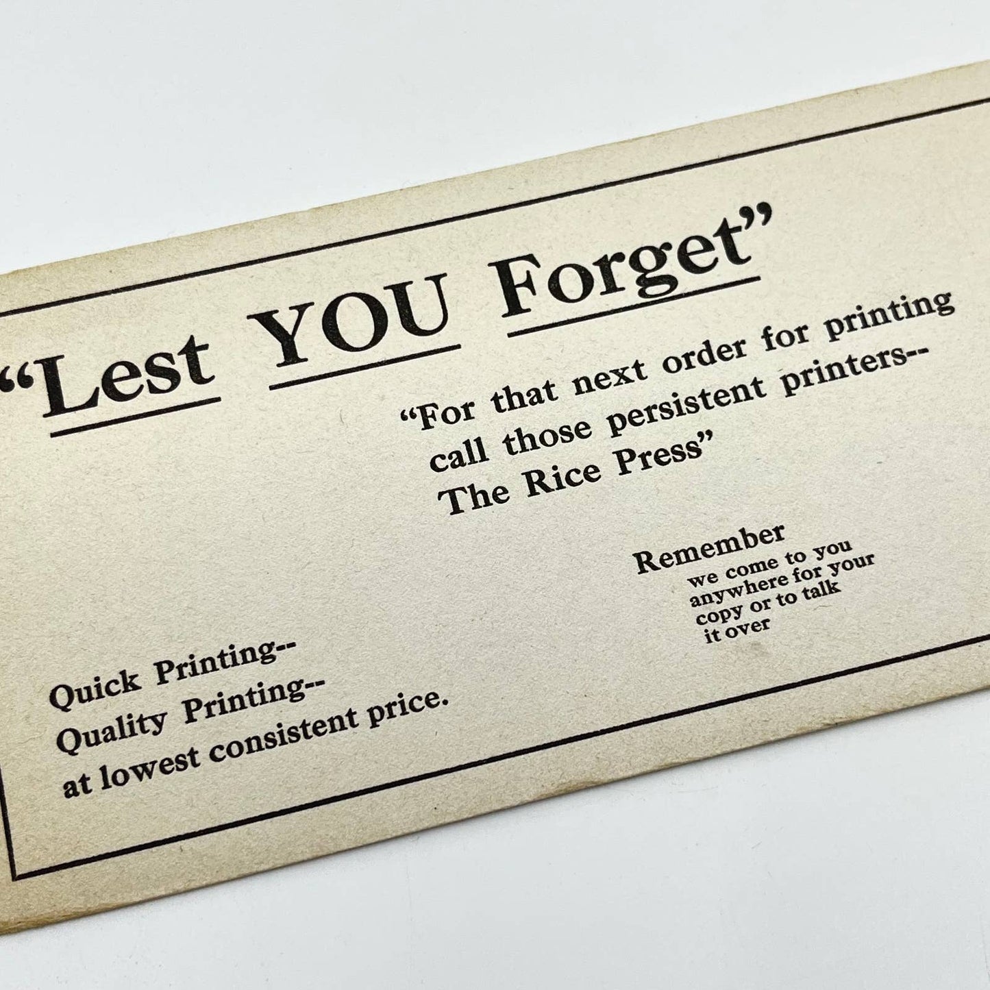 1910s Blotter Card The Rice Press Lest You Forget Flint MI SC8