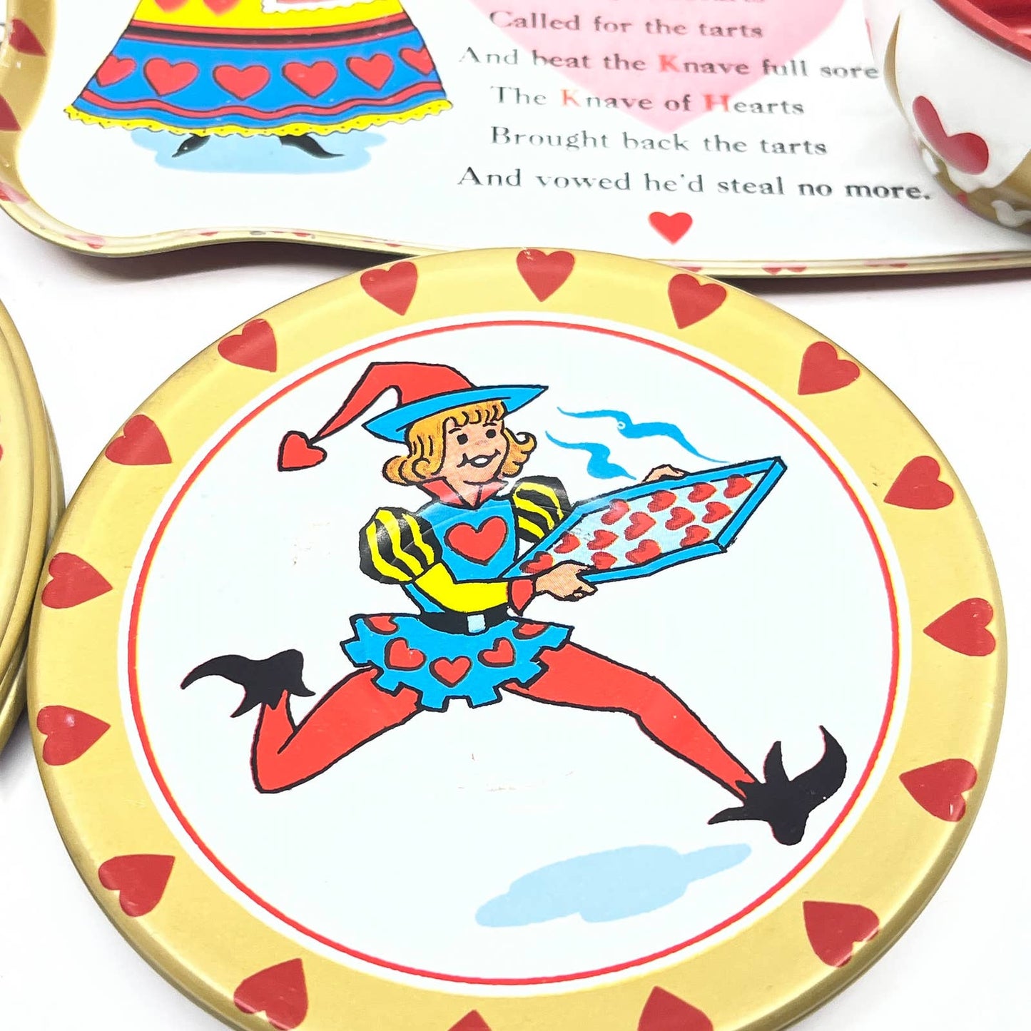 1940s COMPLETE 14 Piece Tin Tea Set Queen of Hearts Toy Metal Cups Plates TG5