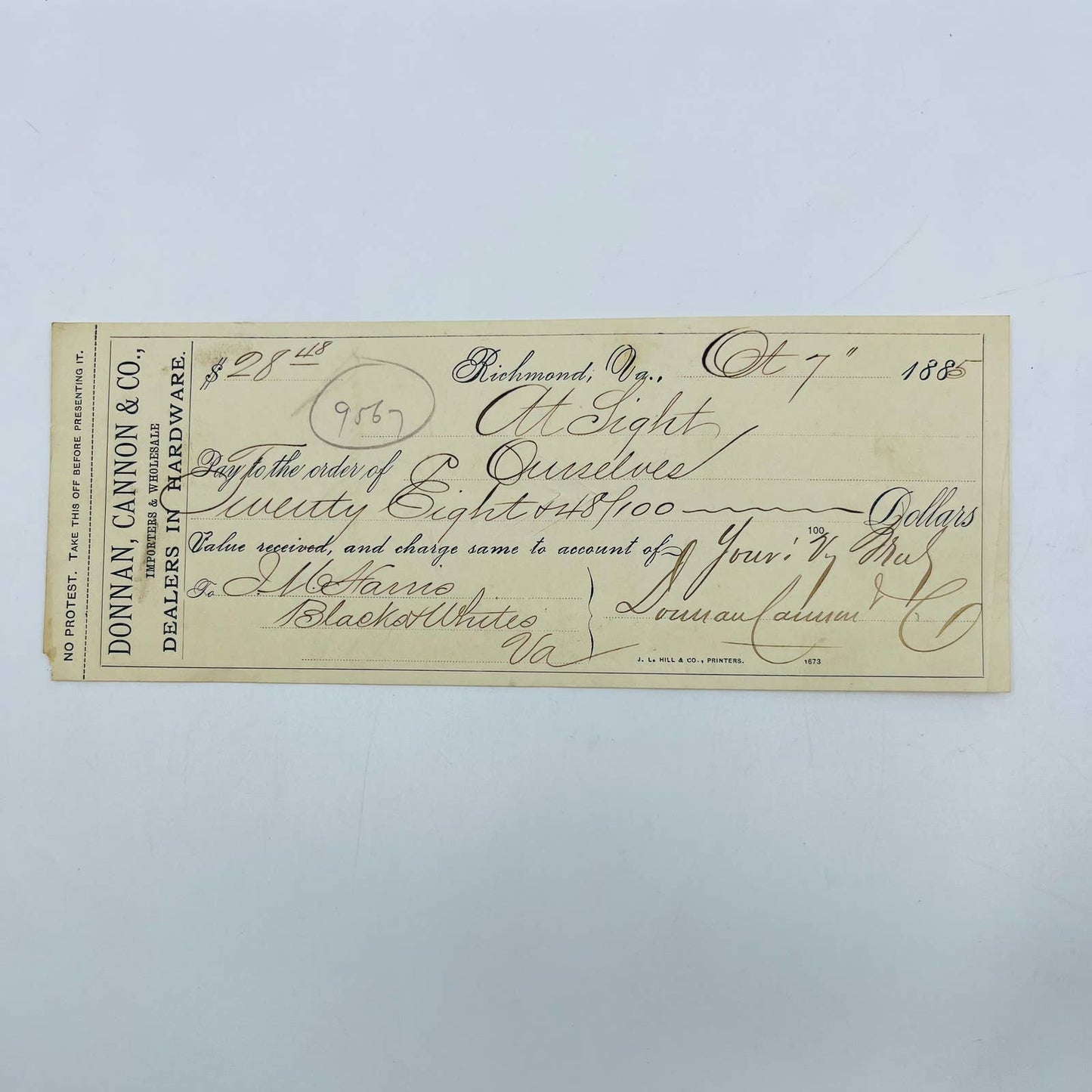 1885 Bank Check Donnan, Cannon & Co. Hardware Dealers Richmond VA AA5