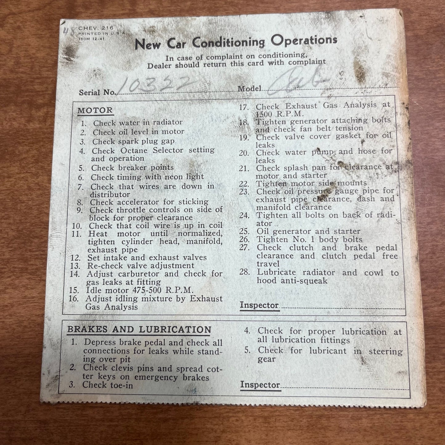 1948 Chevrolet Chevy New Car Conditioning Operations Inspection Card AK7-1