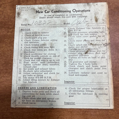 1948 Chevrolet Chevy New Car Conditioning Operations Inspection Card AK7-1