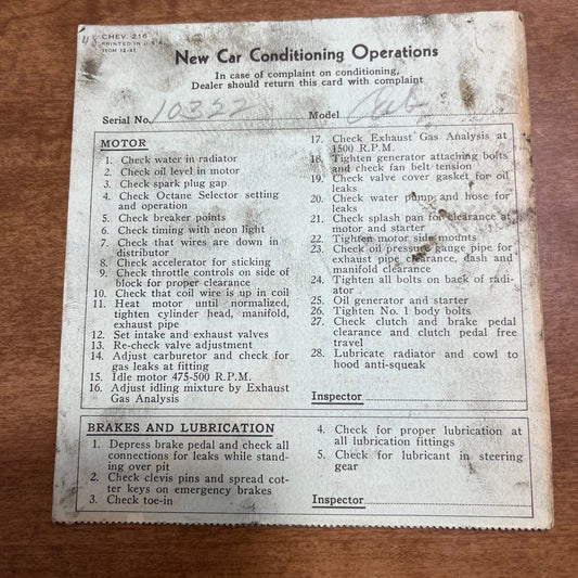 1948 Chevrolet Chevy New Car Conditioning Operations Inspection Card AK7-1