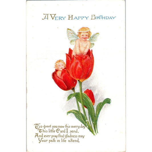 Birthday Fairies Face in Flower Tulips Embossed c1920 Original Postcard TK1-27-3