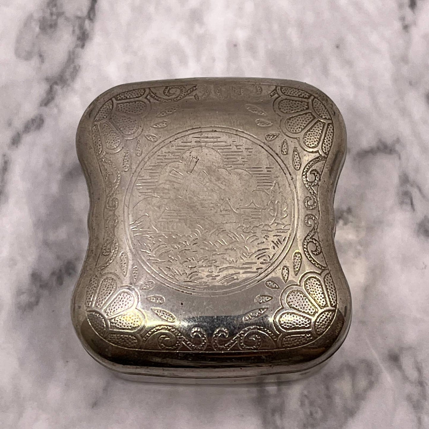 Small Trinket Etched Dutch Windmill Pill Box Silver Tone SA2