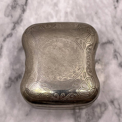 Small Trinket Etched Dutch Windmill Pill Box Silver Tone SA2