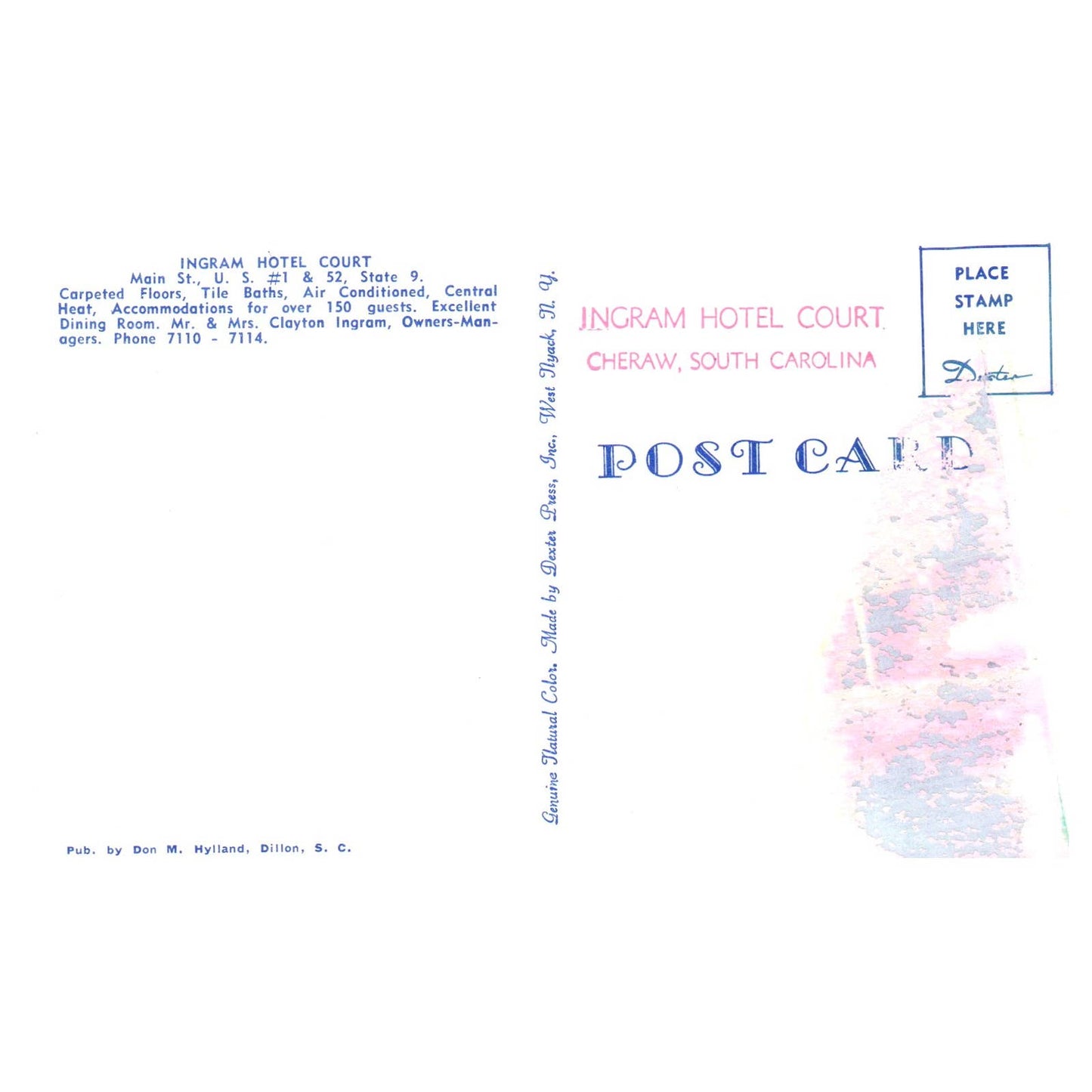 Vintage Postcard - Ingram Hotel Court Cheraw South Carolina Clayton Ingram TJ7-1