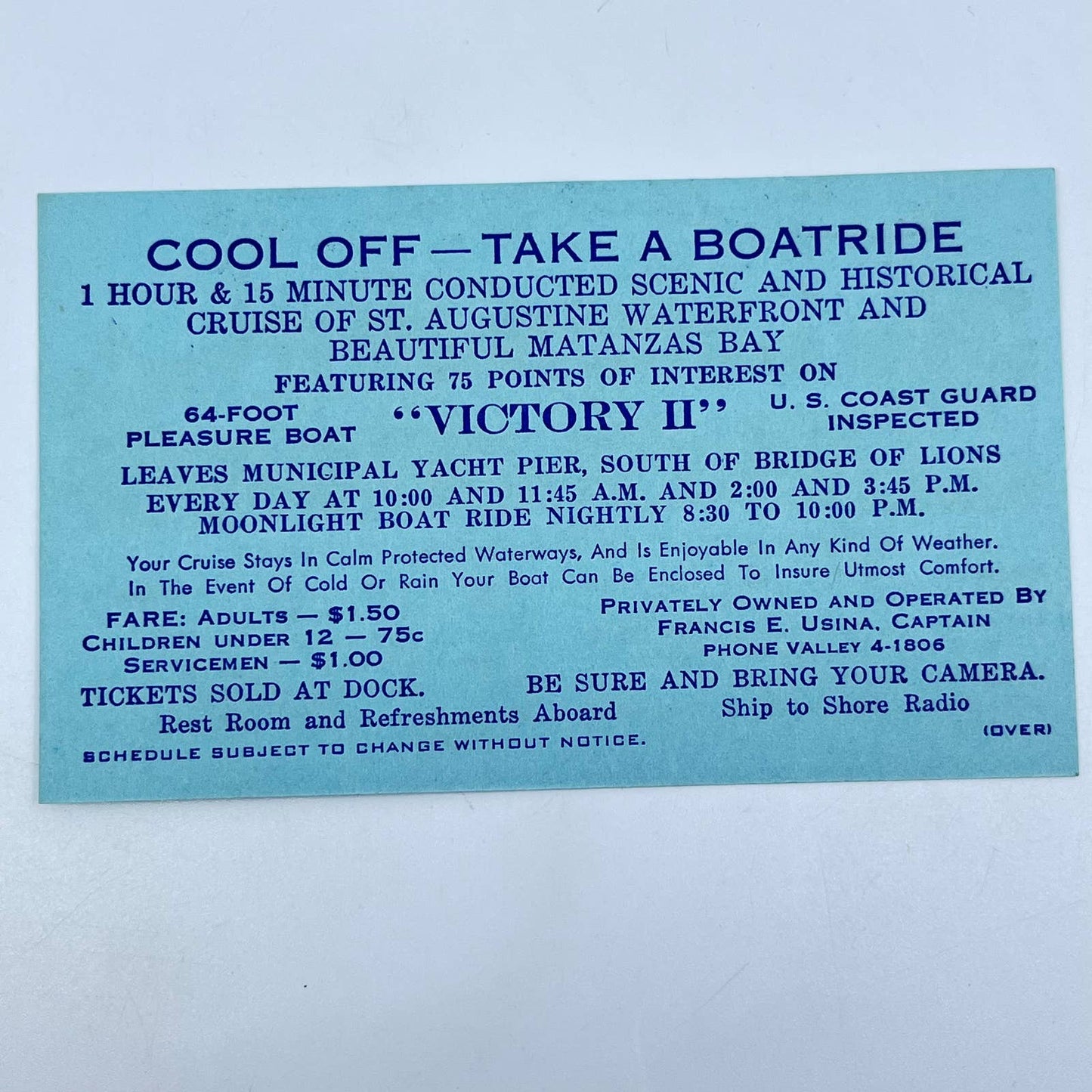 1950s St. Augustine FL Ad Card -Victory II Scenic Cruise Francis E. Usina AB2