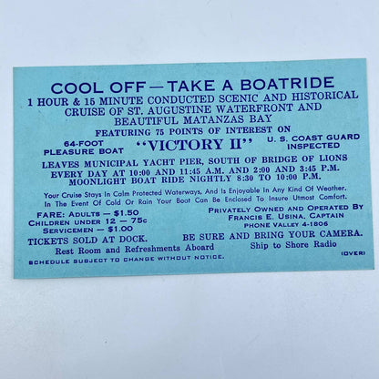 1950s St. Augustine FL Ad Card -Victory II Scenic Cruise Francis E. Usina AB2
