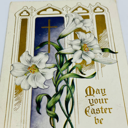 1910s Easter Post Card Embossed Cross Easter Lilies Dresden Whitney PA5