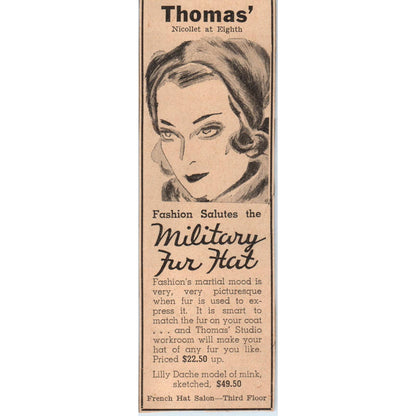 1935 Minneapolis Journal Newspaper Ad Thomas' Military Fur Hat Nicollet Ave FL5-4