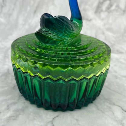 1950s Jeanette Blue Green Ombre Glass Swan Covered Powder Jar Dish TD6