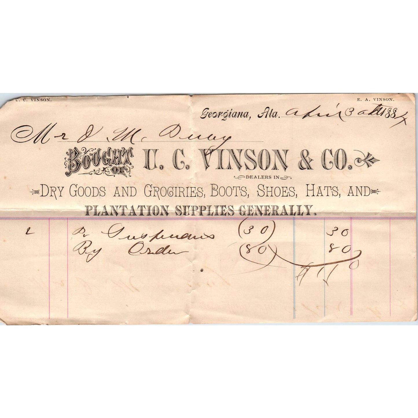 1884 Letterhead Billhead U.C. Vinson & Co. Dry Goods Georgiana AL AD6