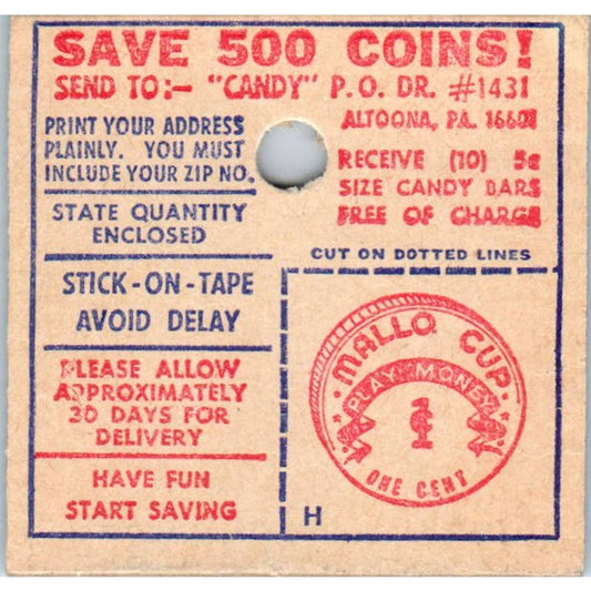 1930s Mallo Cup Candy Play Money Premium Voucher Altoona PA SE5